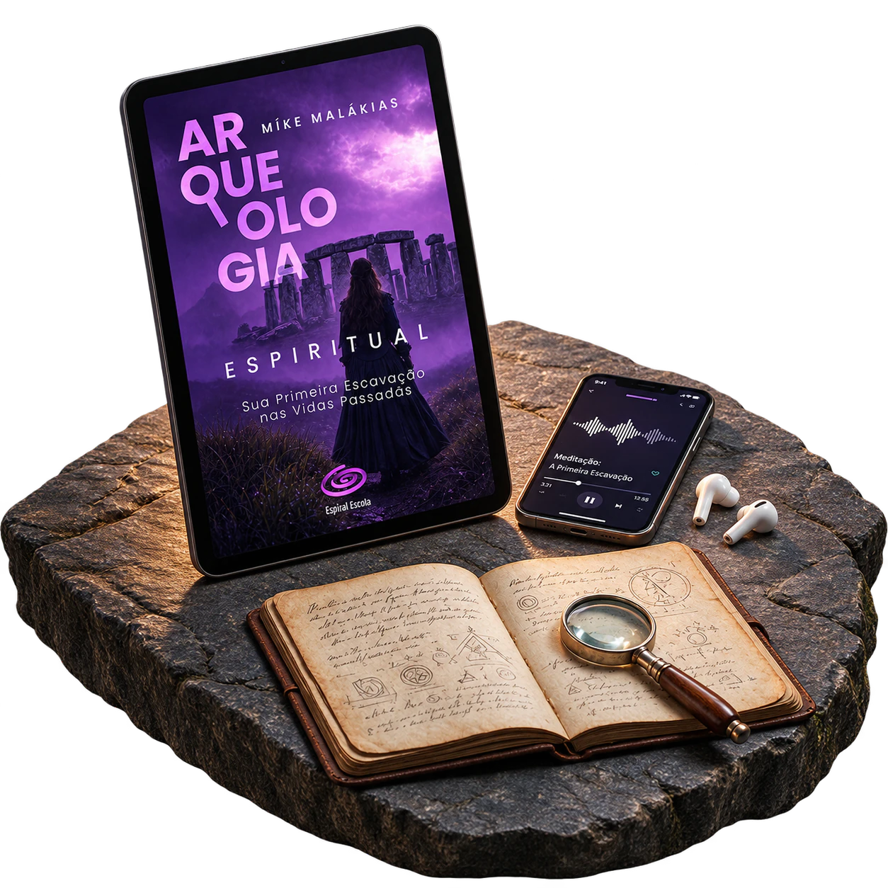 Tablet com o e-book Arqueologia Espiritual, meditação guiada, fones e Caderno de Campo sobre uma mesa de pedra
